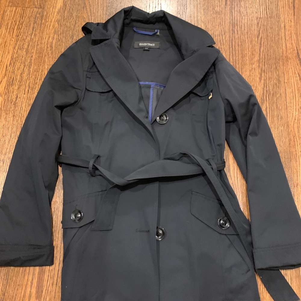 Ellen Tracy Black Trench Rain Coat Small